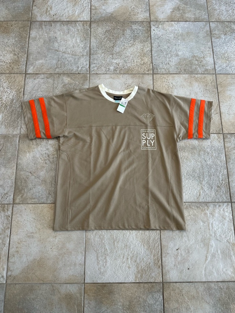 Sold! Diamond Supply Co. Tan Tee with Orange Sleeve Stripes and White Neck